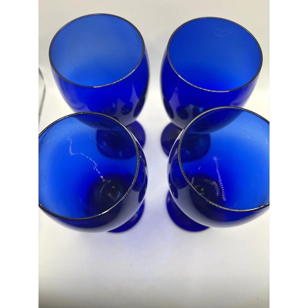 VTG Set of 4 Cobalt Blue Glass Goblets Stemmed Water Wine Glasses 7 inch